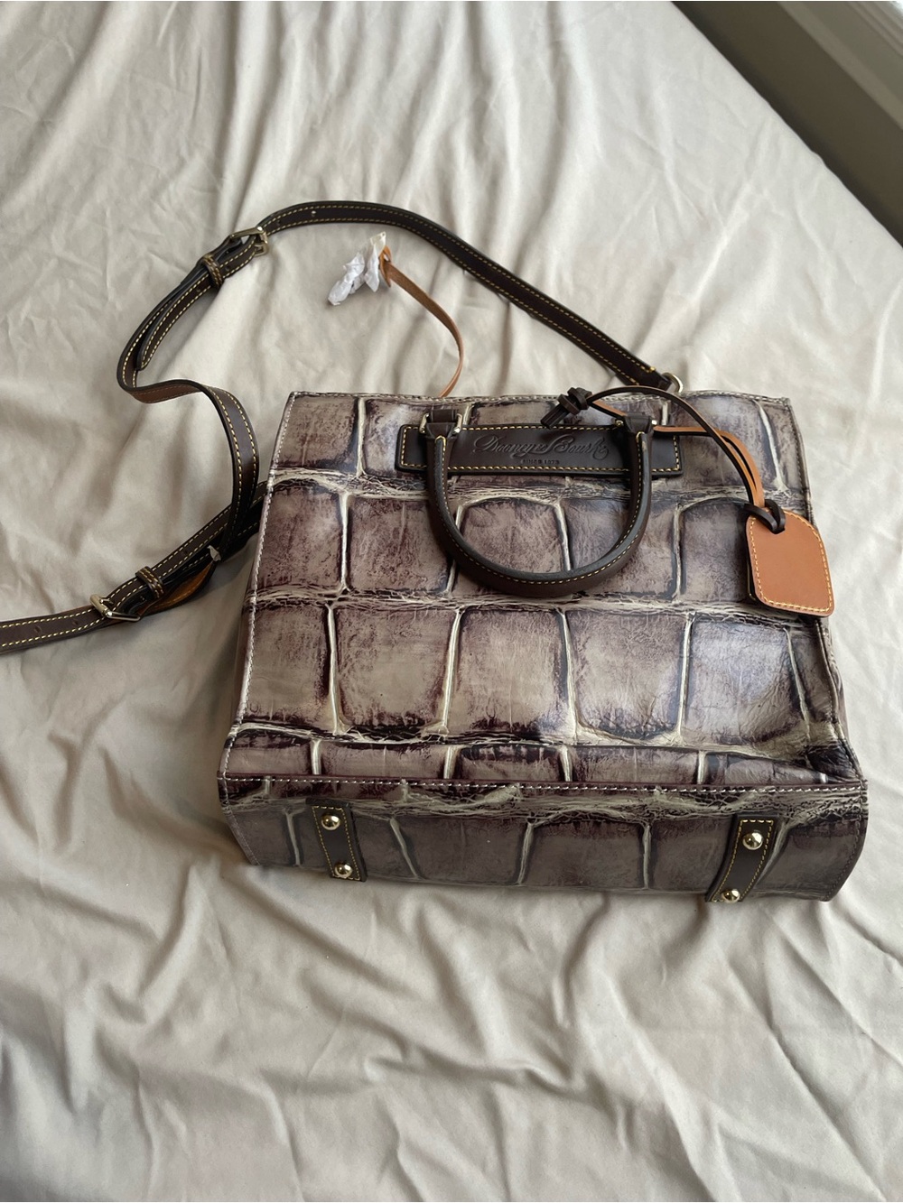 Dooney & Bourke Croc-Embossed Satchel in Taupe and Dark Brown